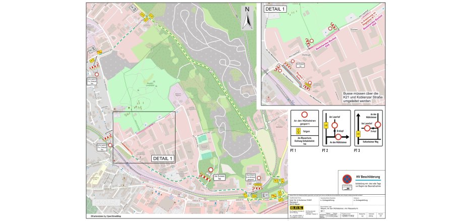 Plan der Straßensperrung mit Beschilderungsvermerken